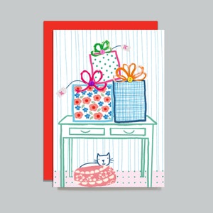 Cat With Presents Card. Hand Embellished With Buttons, Birthday Card