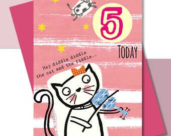 Fifth Birthday Card, Girls Birthday, Nursery Rhyme, Cat and the Fiddle