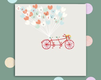 Congratulations Wedding Card embellished with small gems, Tandem Bike and Balloons