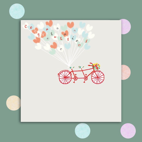 Carte de félicitations de mariage ornée de petites pierres précieuses, de vélo tandem et de ballons