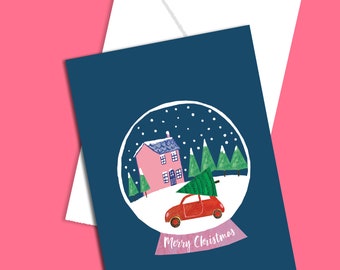 Christmas Snow Globe Card, Christmas Tree, Home with Snow, Snow Christmas, Driving Home for Christmas