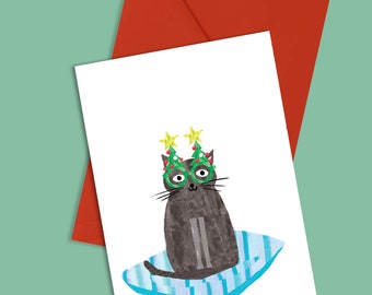 Cat Christmas Card, Cheeky Cat, Christmas Glasses, Humour