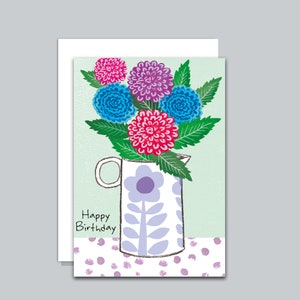 Biglietto di auguri di buon compleanno, Dahlia in brocca retrò, ideale per molte occasioni, da un dipinto originale