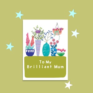 To My Brilliant Mum, Mum Occasion, Flower Card, Spring Flowers, Flowers in Pots. Mothers Day Card. Mum Birthday Card