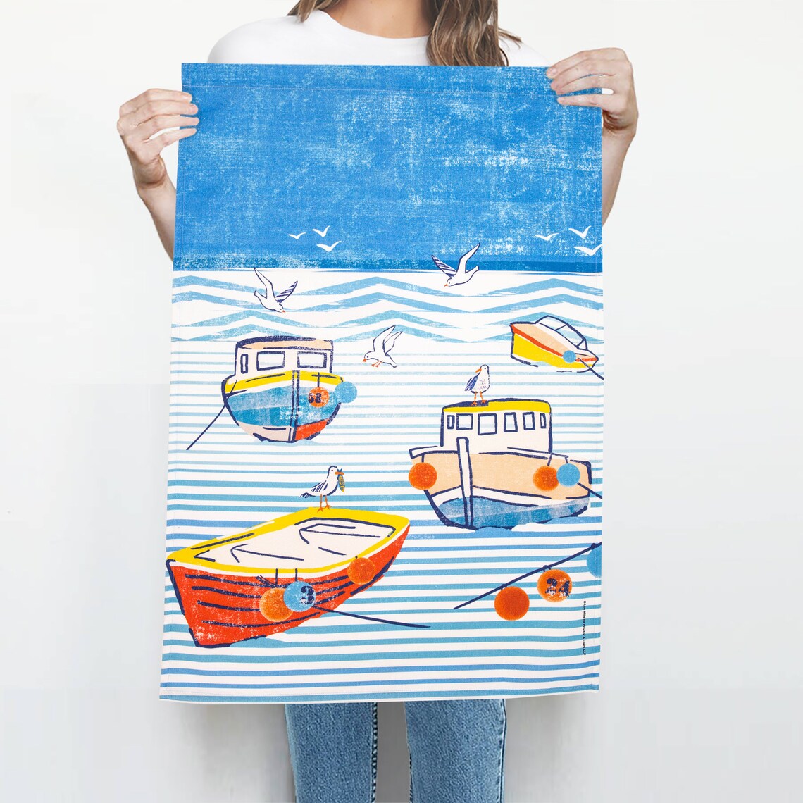 Nautical Tea Towel Boats Fishing Boats Seagulls Coastal Etsy