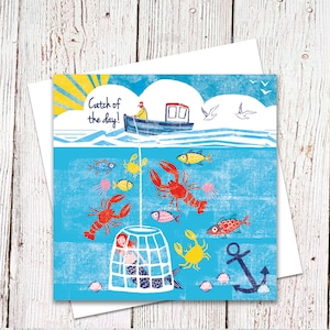 Carte capture du jour, carte nautique, sirène, mouettes, poisson, ancre, carte pour différentes occasions, humour nautique, pêcheur, amour