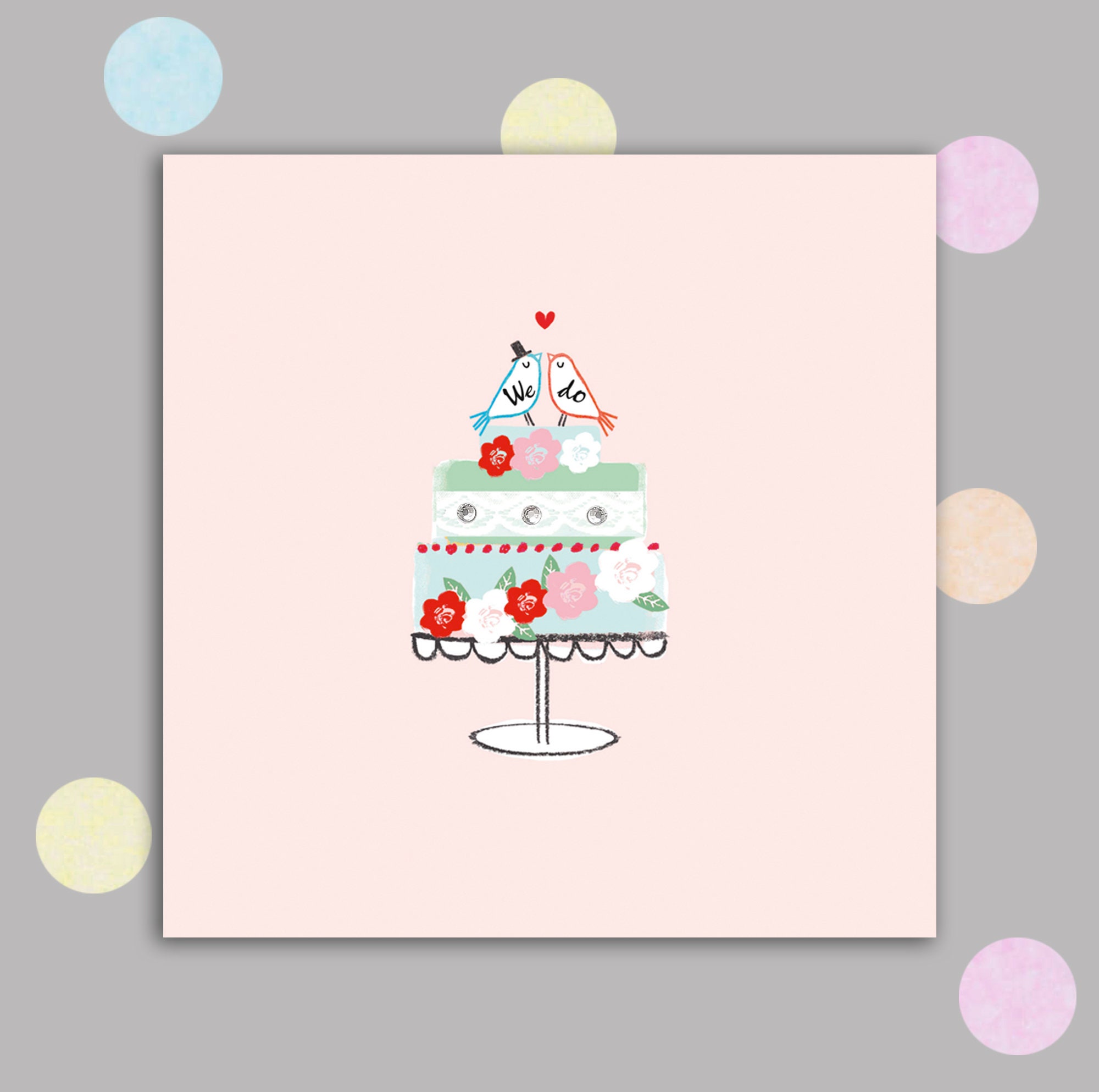 Wedding Card embellished with small gems, Two Love Birds on top of Wedding Cake, Wedding Vows We Do, Flowers