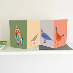 Cartão de concertina para pássaros do Reino Unido, coruja, pardal, pombo, faisão, vida selvagem, celebração, aniversário, humor
