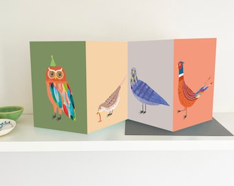 UK Bird Concertina Card, Owl, Sparrow, Pigeon, Pheasant, Wildlife, Celebration, Birthday, Humour