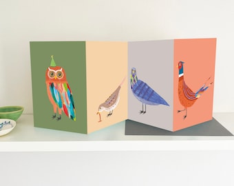 May include: A folded card with four panels, each featuring a different bird illustration. The first panel shows a colorful owl wearing a party hat, the second panel shows a brown and white bird with a yellow beak, the third panel shows a blue bird with a purple head, and the fourth panel shows a brown and orange pheasant.