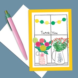 6 Pack Flowers and Pots Note Cards, Floral Card Pack,  Blank Card Set, Thank You Card Pack , Window and Flowers Notelets