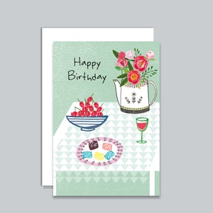 Happy Birthday Card, Peonies in Tea Pot, Fondant Fancies, Bowl of Cherries, Glass Wine, From an Original Painting