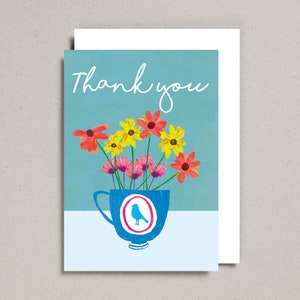 Carte de remerciement, carte de fleurs, carte de tasse de thé, carte d'oiseau, peinture à l'aquarelle,