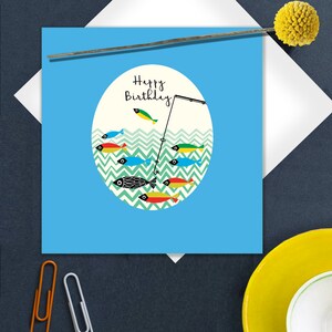 Happy Birthday Greeting Card, Fishing, 60's Vintage Pattern, 60's Card, Graphic Card,