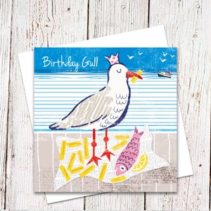 Birthday Gull, Card, Birthday Card, Nautical Card, Seagulls, Fish and Chips, Nautical Humour. image 1