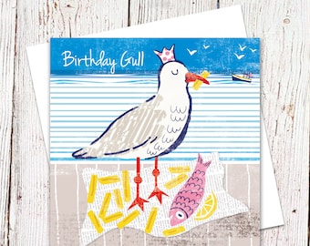 Birthday Gull, Card, Birthday Card, Nautical Card, Seagulls, Fish and Chips, Nautical Humour.