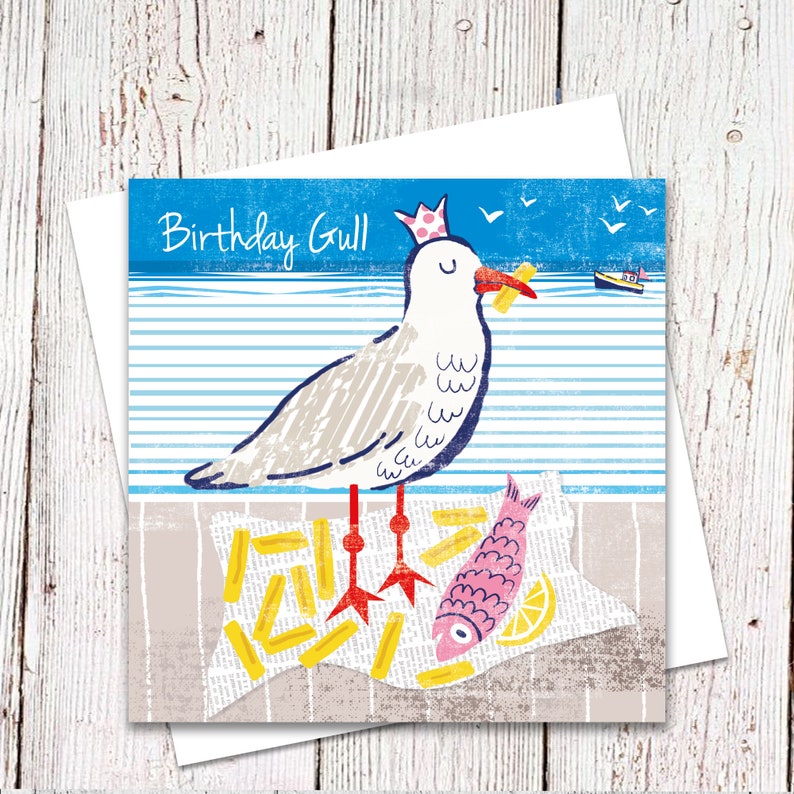Birthday Gull, Card, Birthday Card, Nautical Card, Seagulls, Fish and Chips, Nautical Humour. image 1