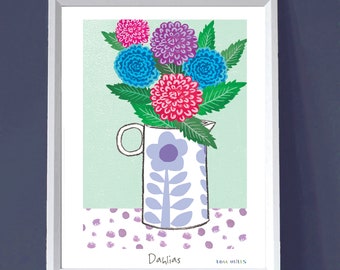 Dahlia Print, Pattern Print, Plant Print, Botanical Print, Flower Illustration, Flower Painting, Wall Art, Flower Bouquet, Dahlia Painting