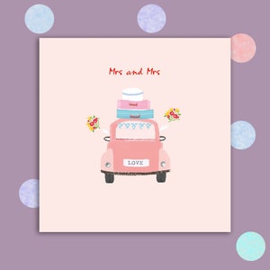 Tarjeta de boda del mismo sexo, señora y señora, adornada con pequeñas gemas, coche de luna de miel, coche Morris Minor, ramo de lanzamiento