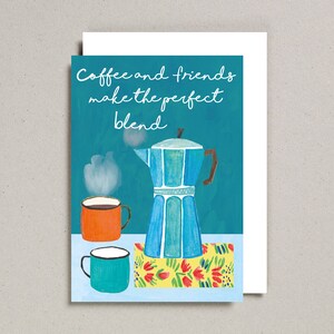 Café y amigos hacen la tarjeta de mezcla perfecta, tarjeta de amigo, tarjeta positiva, tarjeta de café, tarjeta para todas las ocasiones, pintura de acuarela,
