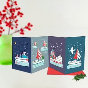 Tarjeta navideña en forma de concertina, Navidad náutica, barcos, ilustración navideña, acuarela navideña, pintura navideña, recuerdo navideño