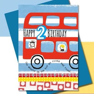 Deuxième carte d'anniversaire, anniversaire de garçon, comptine, Les roues du bus tournent en rond..., carte colorée lumineuse et audacieuse