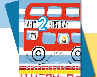 Second Birthday Card, Boys Birthday, Nursery Rhyme, The Wheels On The Bus Go Round and Round..., Bright and Bold Colourful Card