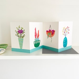 コンサーティーナ フローラル カード。花のイラスト、鉢植えの花のカード、ハンギング バスケット カード、ハンギング バスケットのイラスト、花の絵画