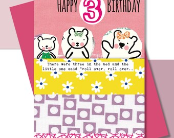 Third Birthday Card, Girls Birthday, Nursery Rhyme, Teddy Bears