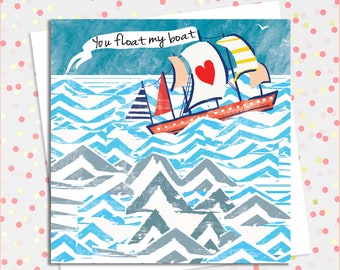 You Float My Boat, Love Card, Nautical Valentine Card, Lighthouse, Seagulls, Anniversary Card, Engagement Card