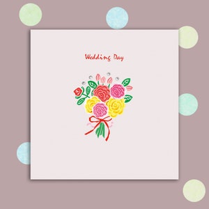 Wedding Day Card embellished with small gems, Wedding Bouquet tied with a Red Ribbon, Flowers