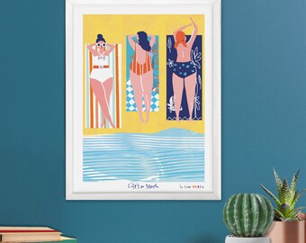 Livet är en strand-tryck, Solbadare, Nautiskt tryck, Nautisk illustration, Väggkonst,