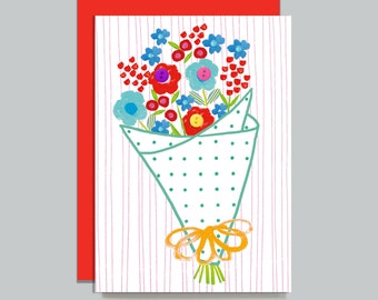 Bouquet Of Flowers Card. Hand Embellished With Buttons. Everyday, Birthday And For Other Occasions