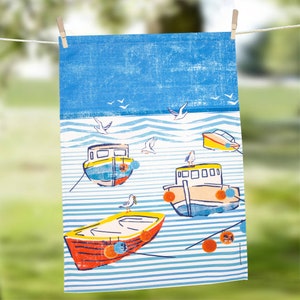 Nautical Tea Towel, Boats, Fishing Boats, Seagulls, Coastal, Gift.