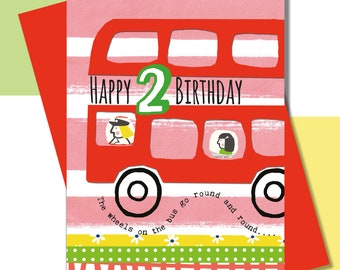Second Birthday Card, Girls Birthday, Nursery Rhyme, The Wheels On The Bus Go Round and Round..., Bright and Bold Colourful Card