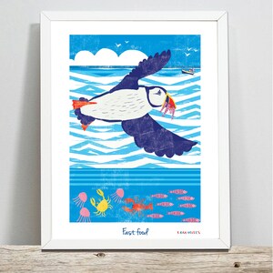 Nautical Print, Puffin Print, Puffin Illustration, Nautical Illustration, Wall Art,  Bird Illustration, Sea Print, Bird Flying Illustration