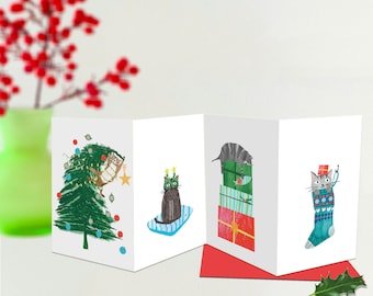 Carte de Noël en accordéon, Chats de Noël, Illustration de Noël, Aquarelle de Noël, Tableau de Noël, Souvenir de Noël