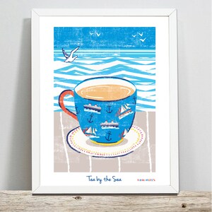 Nautical Print, Tea by the Sea, Nautical Illustration, Wall Art,  Tea cup Illustration, Sea Print, Seagulls, Coastal Print, Seascape Print