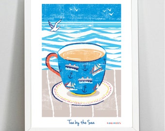 Nautical Print, Tea by the Sea, Nautical Illustration, Wall Art,  Tea cup Illustration, Sea Print, Seagulls, Coastal Print, Seascape Print