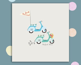 Wedding Card Just Married embellished with small gems, Vespa Scooters, Tin Cars, Perfect Pair