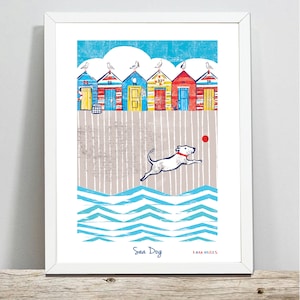 Nautical Print, Sea Dog, Beach Huts, Nautical Illustration, Wall Art, Dog Playing Illustration, Sea Print, Seagulls, Beach Print image 1