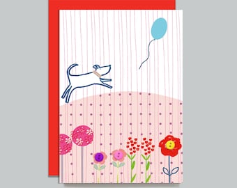 Dog Chasing Balloon Card. Hand Embellished With Buttons. Birthday, Everyday And For Other Occasions