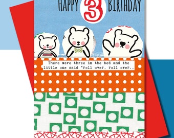 Third Birthday Card, Boys Birthday, Nursery Rhyme, Teddy Bears