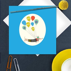 Birthday Card, Celebration Card, Dog and Balloons, 60's Vintage Inspired, Citric Colours, Graphic Card, Different Occasions, Bright