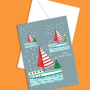 Tarjeta navideña náutica: Vi tres barcos..., Árboles de Navidad, Barcos, Nieve