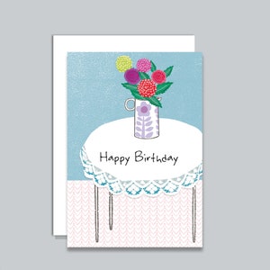 Happy Birthday Card, Dahlias in Jug, White Table Cloth, From an Original Painting