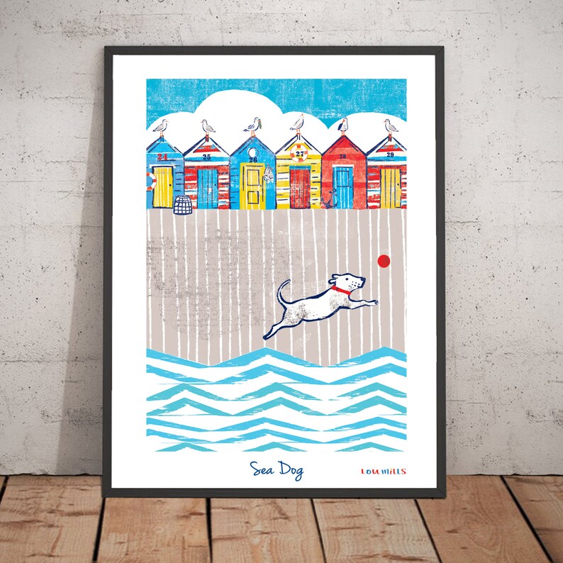 Nautical Print, Sea Dog, Beach Huts, Nautical Illustration, Wall Art, Dog Playing Illustration, Sea Print, Seagulls, Beach Print image 2