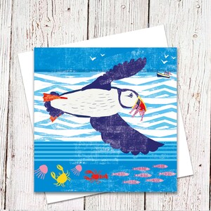 Carte de macareux, macareux volant, côtier, carte de différentes occasions, carte nautique, vie marine, bateau