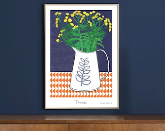May include: A print of a yellow and green tansy flower arrangement in a white pitcher with a blue leaf design. The background is a blue and orange geometric pattern. The print is titled "Tansies" and signed "Lola Bullen".
