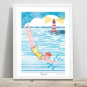Nautical Print, Nautical Illustration, Vintage Print, Wall Art, Female Diver, Female Swimmer, Tattoo Female, Tattoo Print, Lighthouse Print